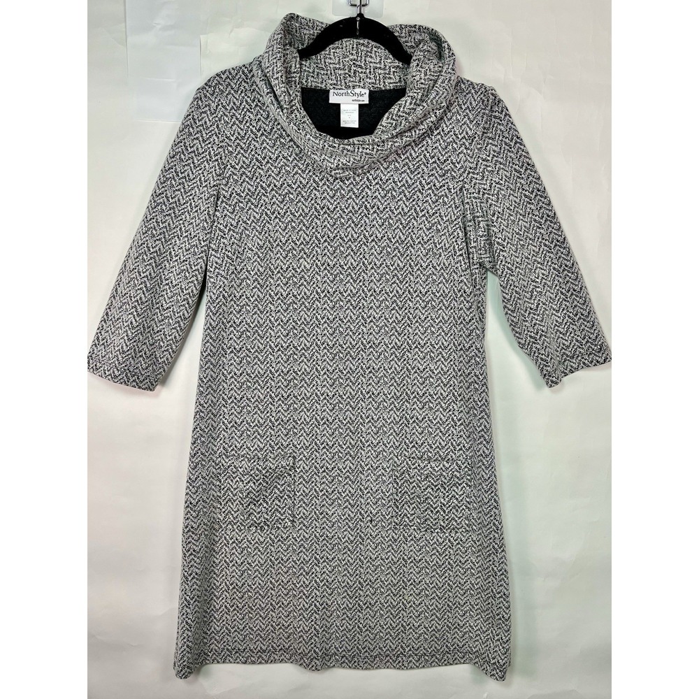 North Style Black White Sweater Dress Cowl Neck 3/4 Sleeves Women Size M‎ Casual